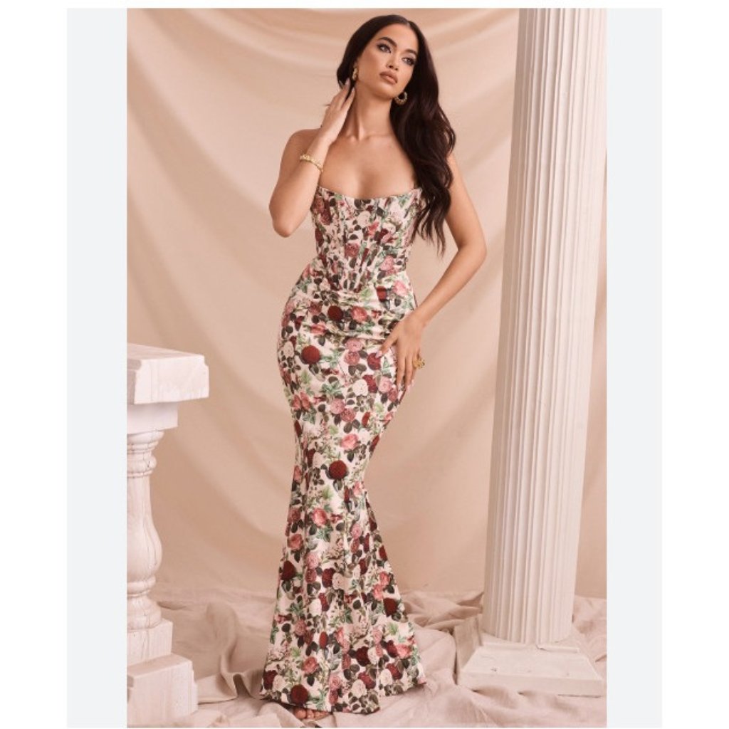 House Of Cb Floral Strapless Maxi Dress In Cream With Pink & Green Accents